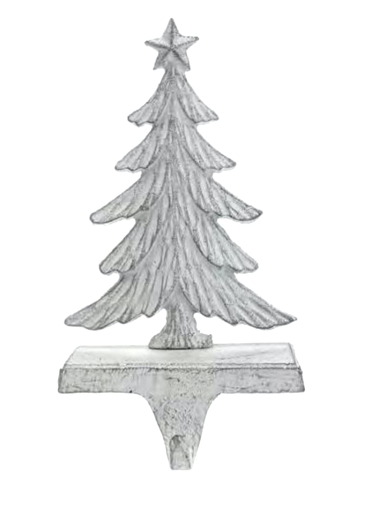 Antique White Cast Iron Fir Tree with Star Tree Topper Stocking Hanger Holder, 9 inch