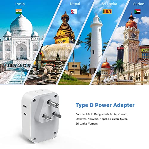 Image of TESSAN US to India Plug Adapter, India Power Adapter with 4 American Outlets 3 USB Charger (1 USB C Port), Type D Travel Adaptor for USA to Bangladesh Maldives Nepal Pakistan