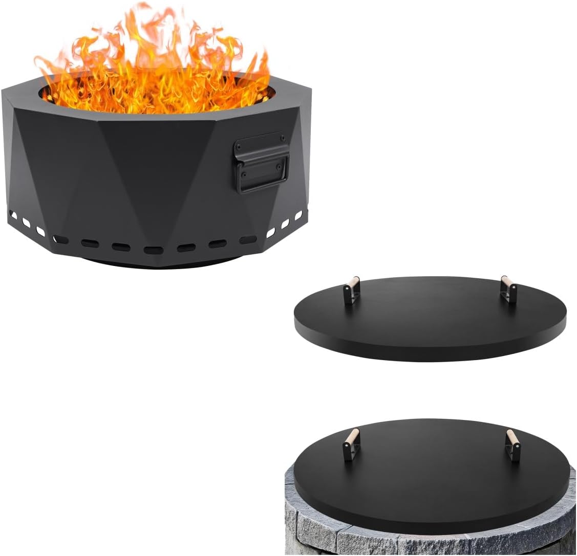 Smokeless Fire Pit Outdoor- 20 Inch Low Smoke Metal Fire Pits & Fireplaces for Outside with Carry Bag, Fire Pit Lid Cover Round - 34" Rust Resistant Powder Coated Steel Firepit Cover