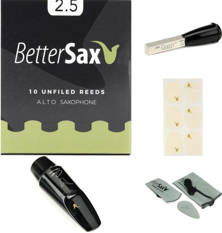 BetterSax Cane Alto Saxophone Jazz Reeds 2.5, 10-Pack with Reed Contouring Tool, Customization Kit, Alto Saxophone Swab, Clear Mouthpiece Cushions, Plastic Alto Sax Mouthpiece - Complete Saxophone Set