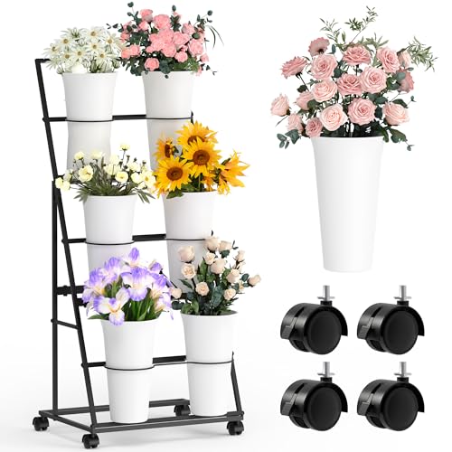 Invech Flower Display Stand with 6 Buckets and Wheels, 3 Tier Flower Cart Display Stand for Indoor Outdoor Garden, Wedding, Flower Shop (Existing Patent)