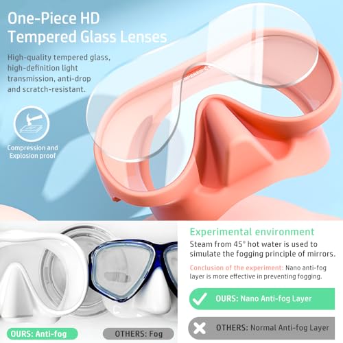 NARUTOO Snorkel Set Adults, Fashionable Macaron Colors Frameless Snorkeling Mask, Ultra Wide View Anti-Fog Snorkel Mask Set, Portable Professional Diving Snorkeling Set (Pink) - Thumbnail 3