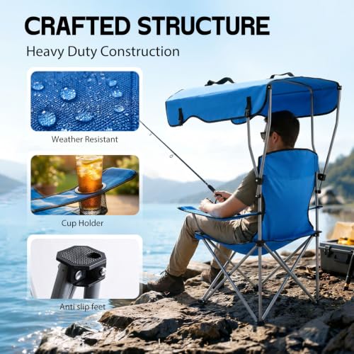 Silla Plegable de Camping Portátil con Dosel, Tela Oxford 600D, Resistente para Exterior, con Sombra Solar, Porta Vasos y Bolsillo de Almacenamiento, para Camping, Playa, Pesca, Picnic y Eventos Deportivos miniatura 5