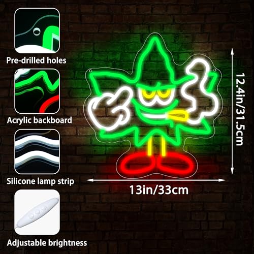 Image of Weed Neon Sign for Wall Decor Green Leaf Neon Light Dimmable Cartoon Neon Light Sign Weed Wall Decor Neon Signs for Man Cave Bedroom Hotel Shop Bar Garage Decor Gifts for Men,Size 13.8 * 13.1in(P044)
