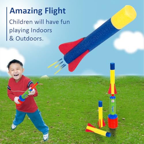 Image of Ratna's Little Rocket Launcher Toy with 3 Foam Rockets Flies Upto 25 Feet Outdoor Toys for Kids Ages 5+ Years