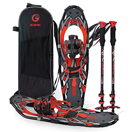 G2 36 Inches Light Weight Snowshoes with Toe Box, EVA Padded Ratchet Binding, Heel Lift, Flexible Pivot Bar, Durable Back Strap, Set with Trekking Poles, Carrying Bag, Snow Baskets, Red