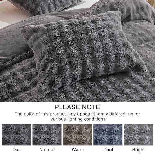 Image of EMME Faux Fur Duvet Cover Twin Size, 2 Pieces Ultra Soft Fluffy Comforter Cover, Cozy Warm for Winter, Luxury Elegant Shaggy Bubble Design Bedding, 1 Duvet Cover & 1 Pillow Shams (Twin, Dark Grey)