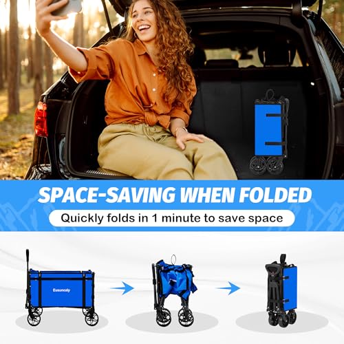 Eusuncaly Collapsible Wagon with Wheels, Wagons Carts Foldable, Heavy Duty Folding Utility Cart for Grocery, Camping, Shopping, Sports, Garden, Fishing, Blue