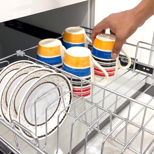 Image of SmartSlide Stainless Steel Cup & Saucer Basket for Modular Kitchen Drawer | 17 x 22 x 4 Inch Cutlery Tray | Plate Holder Kitchen Rack | Durable Utensil Organizer