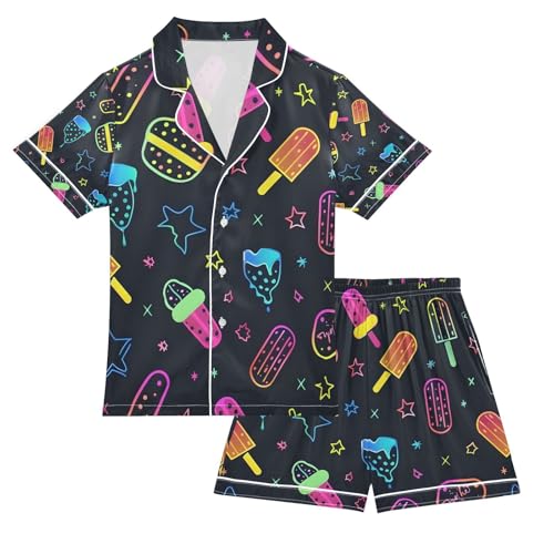 senya Ice Cream and Stars Satin Summer Pajama Sets Silk Short Sleeve Button Down Sleepwear