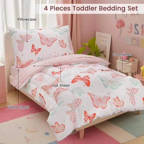 Image of david's kids 4 Piece Toddler Bedding Set - Soft Breathable Toddler Bedding Set for Girls, Includes Quilted Comforter, Flat Sheet, Fitted Sheet and Pillowcase, Butterfly