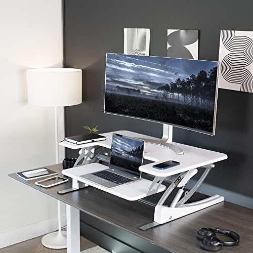 Image of VIVO White 36 inch Standing Desk Converter, DESK-V000VW | Height Adjustable, Stand Up Desk Riser, Wide Keyboard Tray, Dual Monitor and Laptop Workstation, V Series