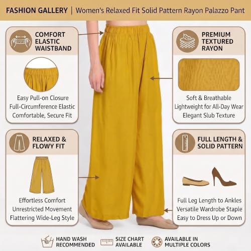 Image of FASHION GALLERY Women's Solid Rayon Palazzo Pants | Relaxed Fit Full Length Wide Leg Palazzo | Elastic Waist Comfortable Casual Lounge Office Ethnic Flared Trousers for Women