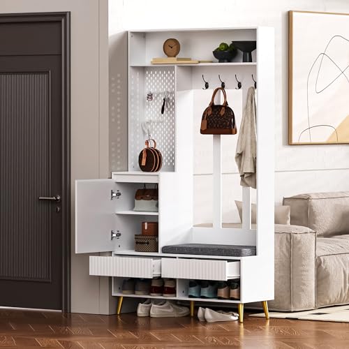 Moimhear Juego de armario, perchero de pared, juego de armario de pasillo con banco para zapatos, juego de armario con 4 perchas para ropa, dos cajones y 1 puerta (Blanco-2, 100 x 35 x 180 cm)