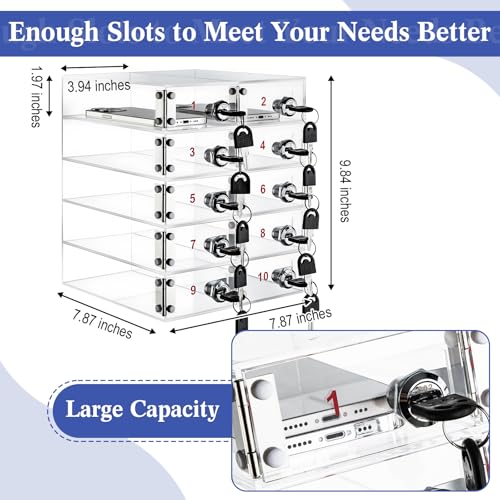 Image of Layhit Clear 10 Slots Cell Phone Locker Box for Classroom Clear Acrylic Cell Phone Storage Cabinet Bin with Door Locks for Classroom School Students Office Factory Employees