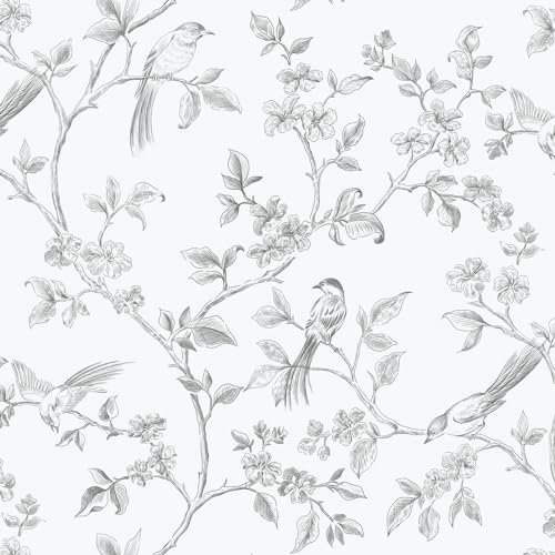 Yomshi Papel pintado autoadhesivo blanco con diseño de flores y pájaros, 41 cm x 10 m, resistente al agua, lámina decorativa para salón, dormitorio, cocina