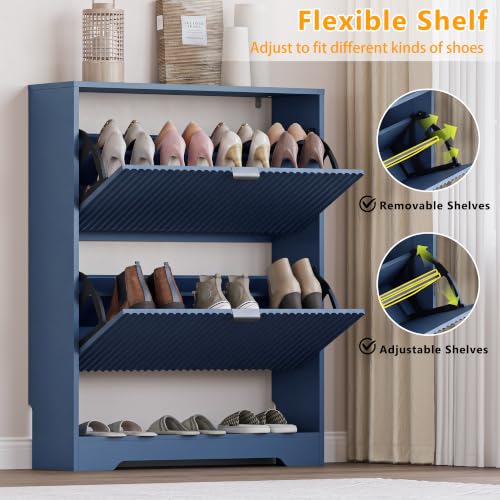 Image of BORNOON Shoe Cabinet with 2 Flip Drawers, Fluted Shoe Storage Cabinet with Adjustable Shelves, Freestanding Rack and Organizer for Entryway, Closet, Hallway