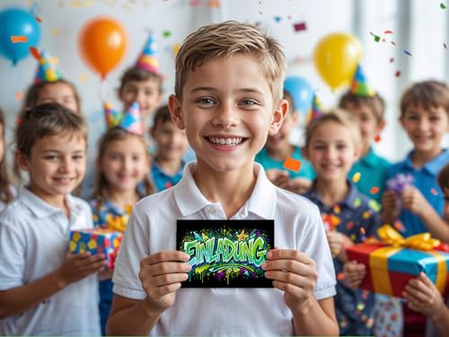 Junaversum 12 Einladungskarten zum Kindergeburtstag Graffiti Kinder Mädchen Junge coole bunte Einladungen Geburtstag Geburtstagseinladungen Kids