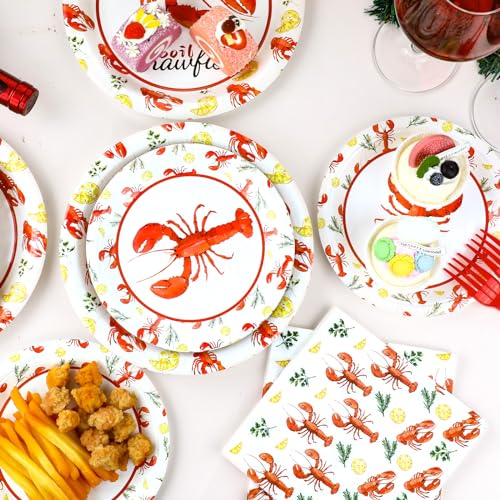Image of Qyeahkj 100 Pcs Crawfish Boil Party Plates and Napkins Set Crawfish Party Decorations Supplies Lobster Seafood Shrimp Boil Tableware Crawfish Crab Party Favors for Birthday Baby Shower Serve 25