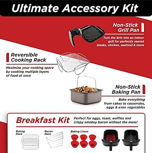 This is a picture of a product for sale called Nuwave Brio 6-Quart Healthy Digital Smart Air Fryer with Probe One-Touch Digital Controls,  Advanced Cooking Functions,  Removable Divider Insert & Grill Pan (NEW ACCESSORY)