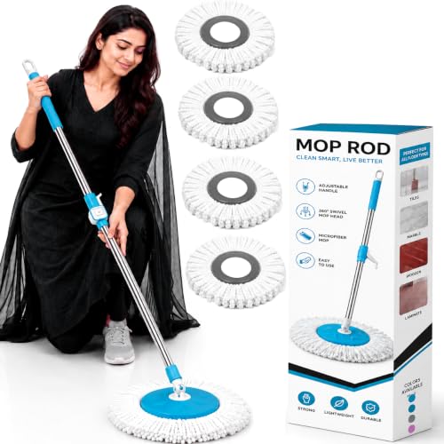 Image of Mi|Ton Spining Mop Set | 1 Year Lock Warranty ON Side|Adjustable Heavy Duty Mop Rod for Floor Cleaning | Stainless Steel Handle & 4 Microfiber Refills-Blue