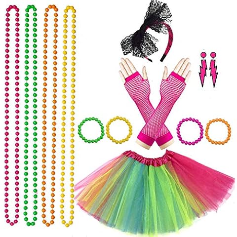 Lhasam 80s Fancy Dress Costume Accessories Women Girls, 80s Fancy Dress Party Costume Accessories with Neon Rainbow Dress Glove Neon Bracelets Necklaces Lace Bow Headband 80 s Costume Set Cover