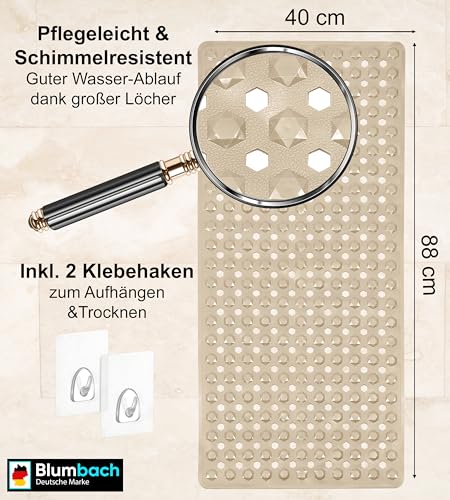 Blumbach® Badewannenmatte rutschfest 88x40cm – inkl. 2 Haken zum Trocknen | 100% BPA-frei, Sicher für Kinder & Senioren | Badematte rutschfest 200+ Saugnäpfe | Schimmelresistent, Maschinenwaschbar