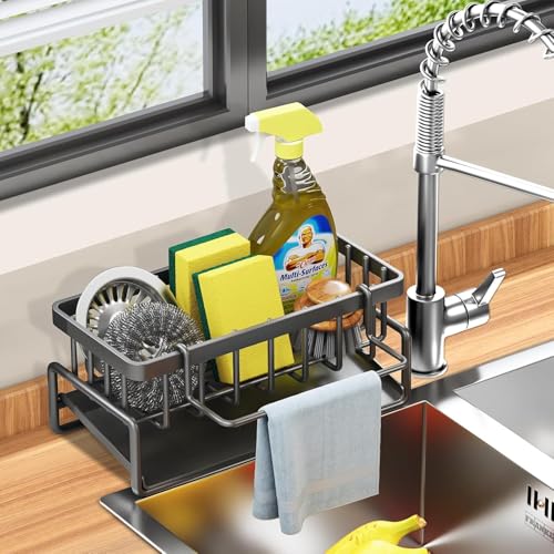 Large Metal Sponge Holder for Kitchen Sink Organiser – Auto-Draining Sink Organizer Caddy with Soap Tray, Dish Brush & Towel-Bar Holder, Kitchen Storage Rack (Black, 23×10×9 cm)