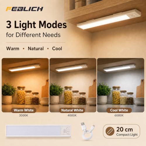 Image of Under Cabinet Lights Rechargeable, Motion Sensor Under Cabinet LED Light, 3 Color Modes Wireless Rechargeable Closet Light, Super Bright Stick-On Light Bars for Kitchen (20 CM)