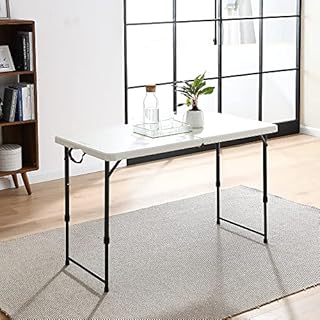 Living and More 4 Foot Height Adjustable Fold-in-Half Table with Carrying Handle, Easy Folding and Storage, Indoor Outdoor Use, White