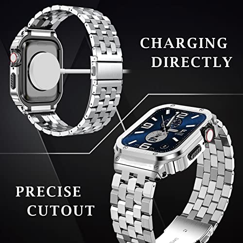 SUPLINK Stainless Steel Case with Band Compatible with Apple Watch Straps Series SE 9 8 7 6 5 4 3 2 1 38mm 40mm 41mm Metal Rugged Protector Cover for iWatch Band Men Woman (Silver) - Image 2