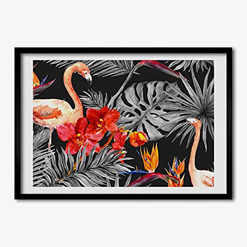 Affiche Tableau Décoratif Flamants Roses Fleurs - Cadre MDF 70x50 cm Tulup Bois Moderne