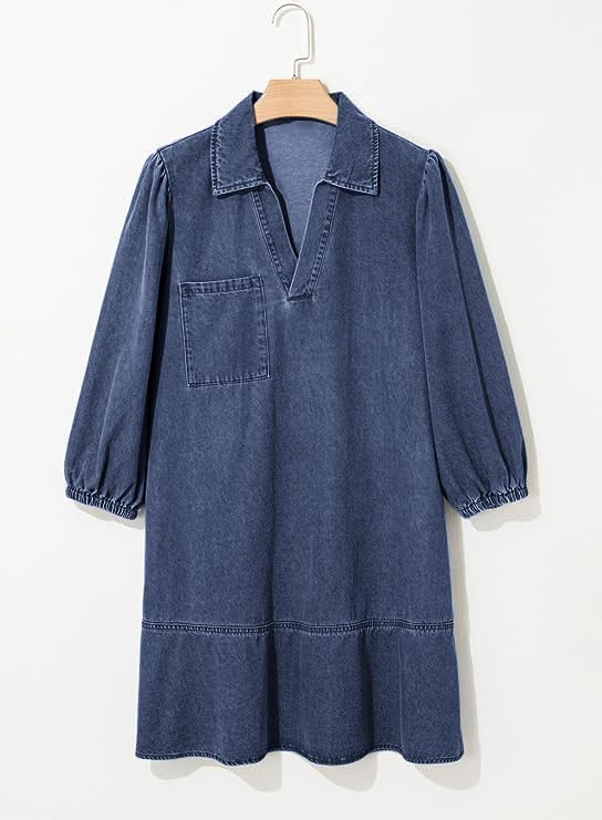 utcoco Denim Dress for Women Casual Loose Fit 3/4 Sleeve Ruffle Jean Badydoll Mini Dress with Pockets - Image 6