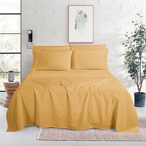 Image of Mocassi Luxury 4-Piece Sheet Set, Ultra Soft 1800 Premium Hotel Quality Microfiber Sheet Set, Fits Mattresses Up to 18 to 24 Inches Extra Deep Pocket - Breathable and Secure Fit, Twin, Gold