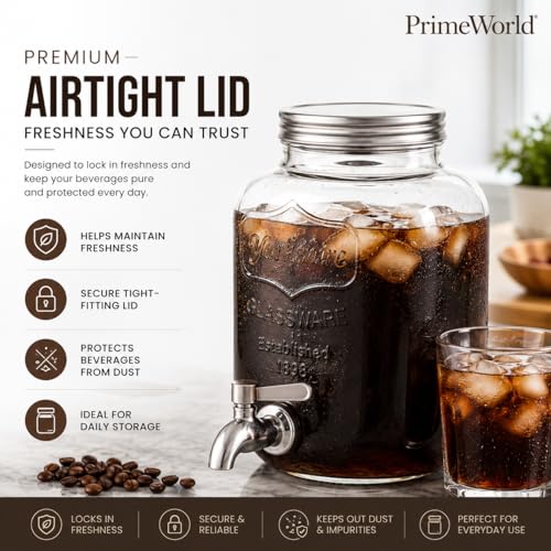Image of PrimeWorld 1Pc 5 LTR Glass Water Beverage Dispenser - Air Tight Lid Glass Pitcher for Detox Water - Mason Jar - Counter Table Top Juice Water Beer Dispenser for Home & Kitchen Restaurant Party