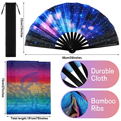 Qunclay 2 Pcs UV Glow Large Rave Hand Fan Jacquard Scarf Shawl Pashmina for Women Party Dance on Festivals2