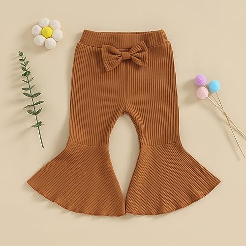 Kids Little Girls Flare Pants Solid Color Ribbed Elastic Bell Bottoms Trousers Bow Ruffle Pants Infant Toddler Girl2