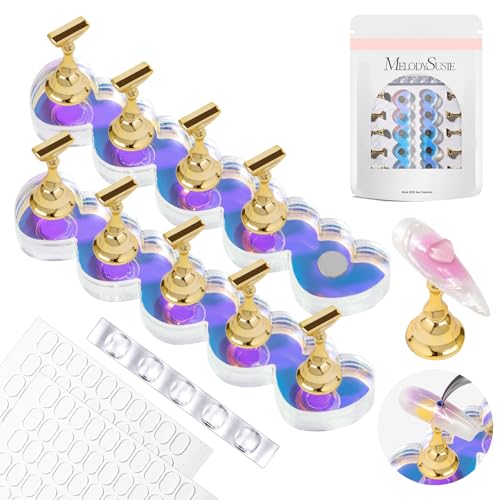 Image of MelodySusie Nail Stand for Press Ons, 2 Sets Blue Heart Shape Acrylic Magnetic Base for Practice Display with Brush Holder and 100 Pcs Reusable Double-Sided Tape for Home DIY Salon Supplies