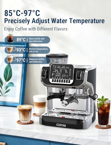 Image of COSTAR Professional Espresso Machine with Grinding & Frothing, 20 Bar Coffee Machines with LED Screen, Coffee Maker Machine for Home /Office, 1.8L Removable Water Tank for Cappuccino, Latte