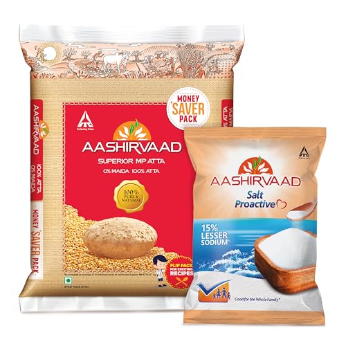Image of Aashirvaad Superior MP Atta, 10kg Pack & Aashirvaad Proactive Low Sodium Salt, 1 Kg Pack