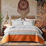 3 Pieces Orange Bohemian Style Quilt Sets Queen Size, Striped Boho Tribal Geometric Printed Bedspread with Shams Soft Lightweight for All Season (Queen/Full, 88x88 inches)