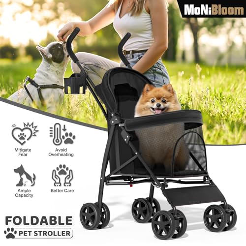 Image of MoNiBloom 4 Wheels Pet Stroller, Easy-Fold Puppy Cage Jogger Stroller with Sun Cover, Pad and Rear Storage Bag, Breathable and Visible Mesh for Small /Medium Pets up to 22 lbs, Black