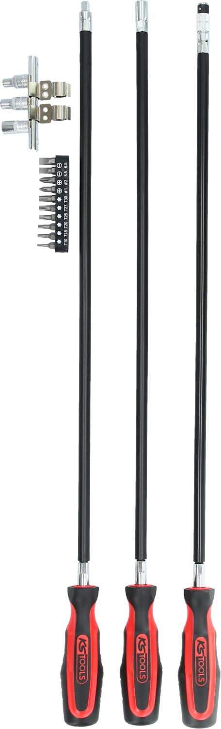 KS TOOLS 911.1180 Jeu de 3 Tournevis Ergotorque Flexibles, L.500 Mm - Kit de Réparation Pratique et Facile D'utilisation - Outillage Vissage pour Bricoleurs et Professionnels Noir/Rouge
