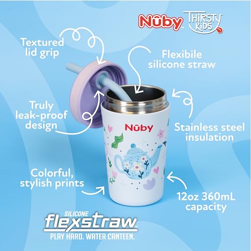Image of Nuby Thirsty Kids Flexstraw Stainless Steel Insulated Toddler Cup - 12 oz | Leak-Resistant Silicone Straw - Easy-Clean Valve and Capacity - Travel Cup - Teapots