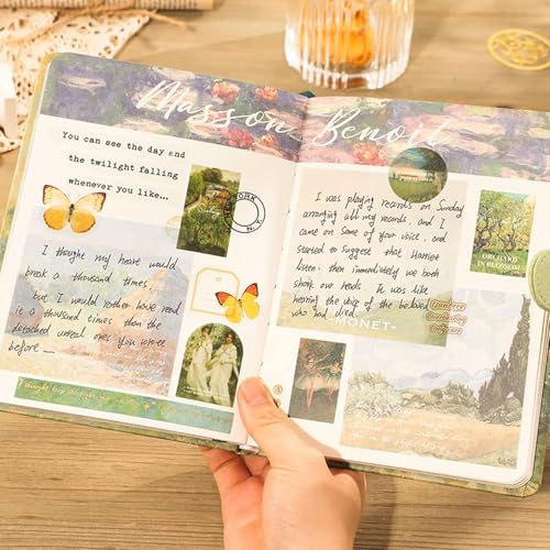 Image of 346Pcs Paper Vintage Aesthetic Scrapbook Kit Scrapbooking Supplies Kit With Bullet Junk Journal, Stationery, Washi Stickers A6 Grid Notebook Journaling Gift For Girl (Green Scrapbook)