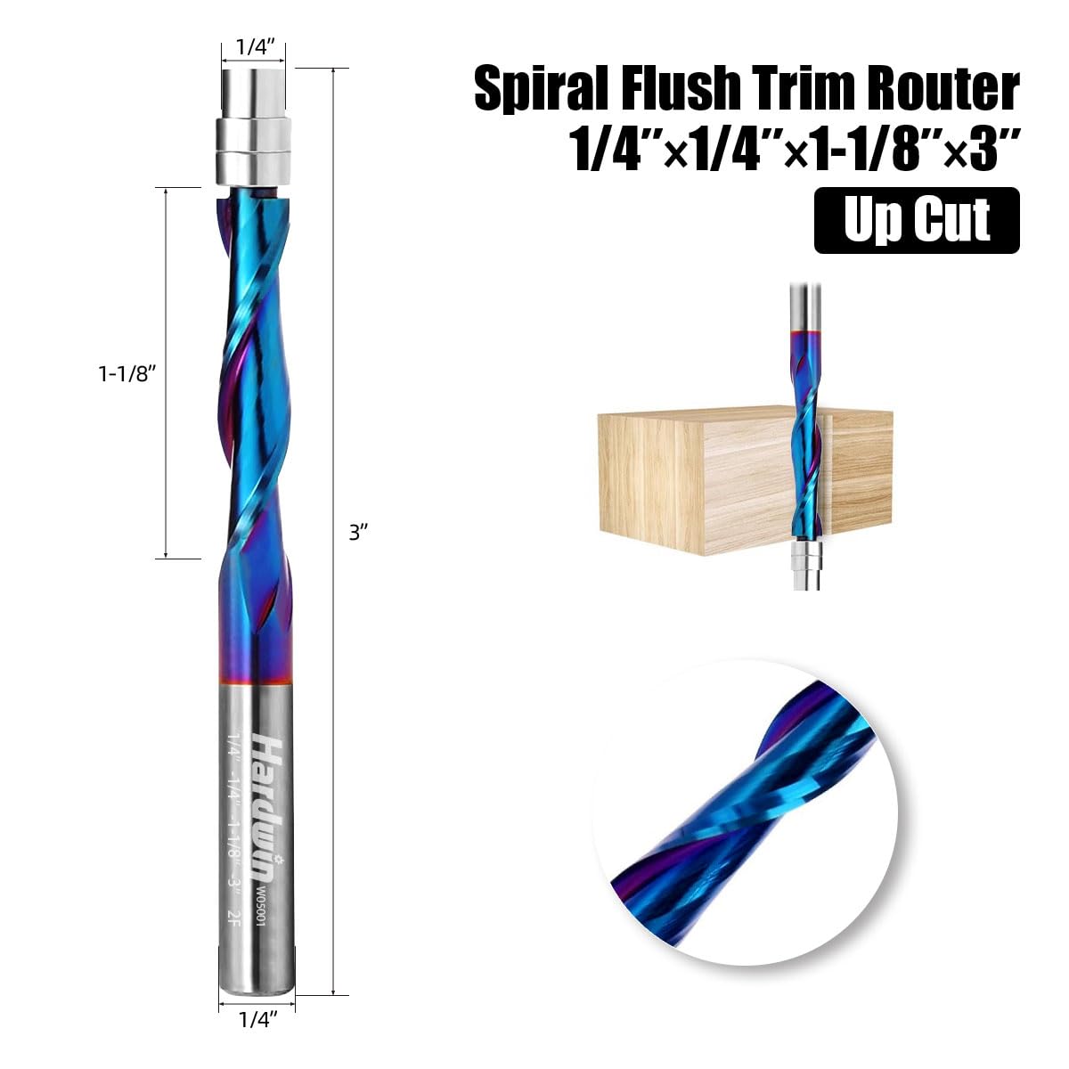 HARDWIN Up-Cut Spiral Flush Trim Router Bit for Wood 1/4