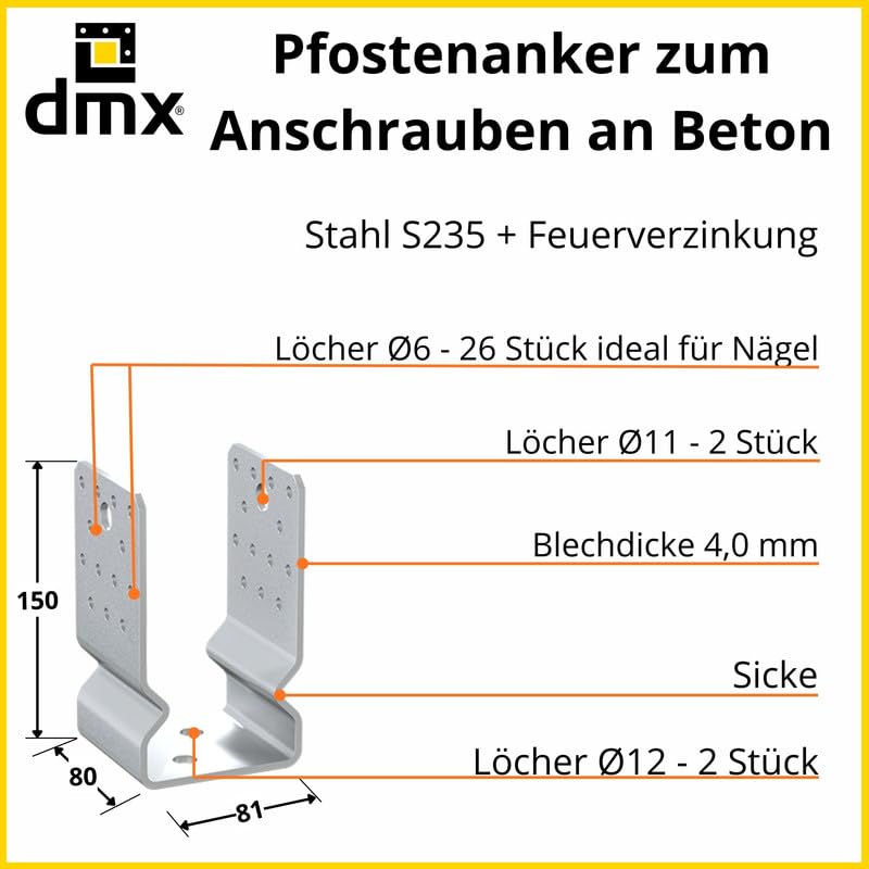 U Pfostenträger aufschrauben 6er Set - Pfostenanker 81x80 - Pfostenhalter - U Profil Stahl - Bodenanker für Holzpfosten - Pfostenschuhe - Stützenfuß Zaunpfosten - Stützenschuh
