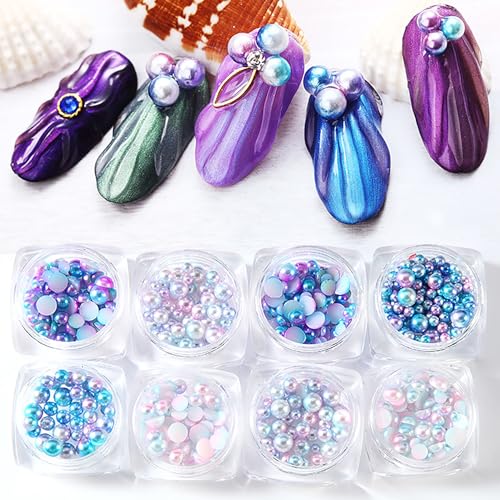 SILPECWEE 8 Boxes Mermaid Nail Pearls Iridescent Circular&Semi Ci...