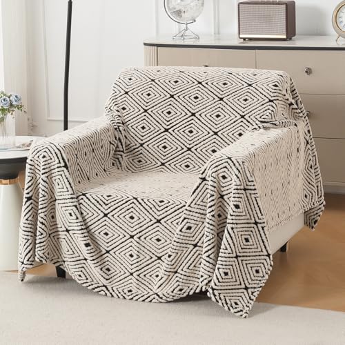 Image of HOKIPO Soft Plush Sofa Throw Cover for 1 Seater Sofa - Luxury All-Season Sofa Cover, 'Noirea Series' Geometric Diamond (180x180 cm) (AR-6651-D6)