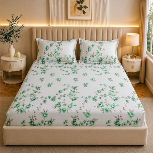 Castiqa Elastic Fitted Supersoft Premium Polycotton 200Tc Queen Size Bedsheets With 2 Pillow Covers (Fits Upto Mattress Of 10 Inches) (Queen (60X78), Onion Floral,White Green)